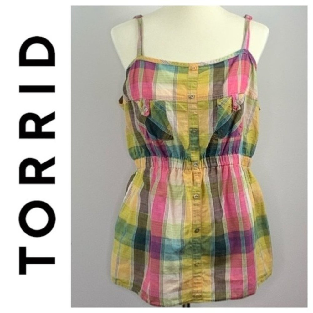 Torrid Plaid Ruched Sleeveless Blouse Size 2